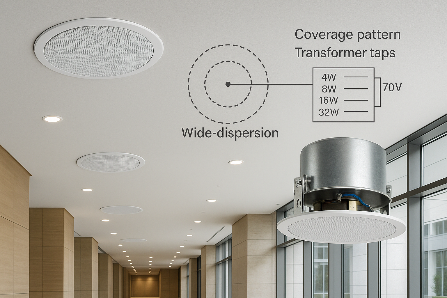 Discreet wide-dispersion ceiling speakers delivering even coverage across large venues. Includes transformer taps for 70V systems and metal backcans for code compliance