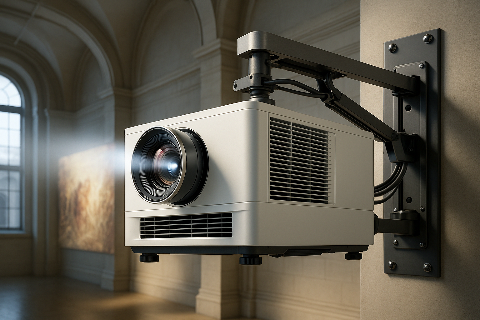 High-lumen laser projector bundle with a short-throw lens and wall-mount bracket, optimized for large sanctuaries and museum displays. Designed for crystal-clear images in bright ambient light environments
