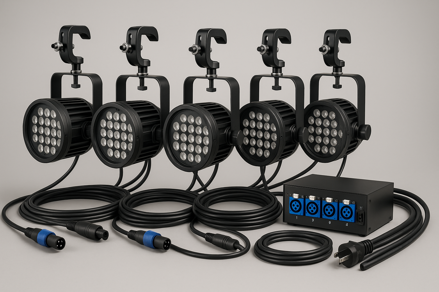 Set of four DMX-controllable LED wash lights with mounting clamps, cabling, and power distribution. Perfect for dynamic worship environments or exhibit spot illumination